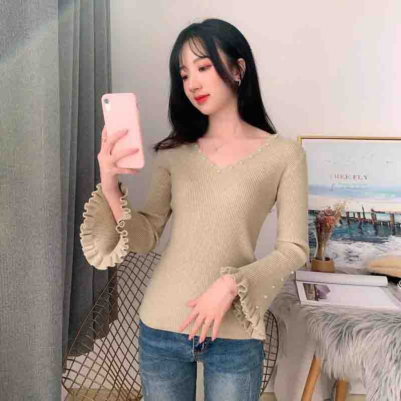 Knitwear Women's V-neck Long-sleeved Sweater Women's Outer Wear Beaded Fashion Casual Pullover Bottoming Shirt