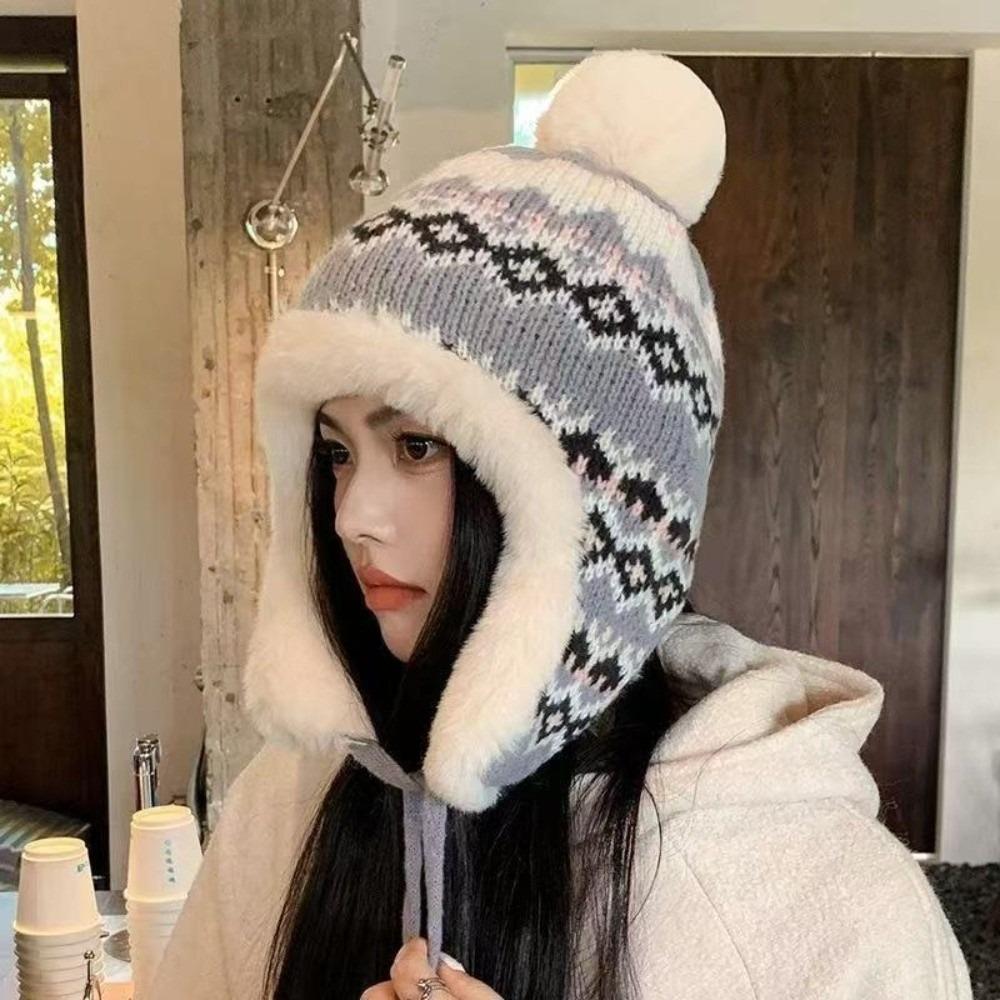 New Pompom Warm Hat Warm Windproof Pullover Cap Coldproof Beanie Hat for Outdoor Cycling Skiing