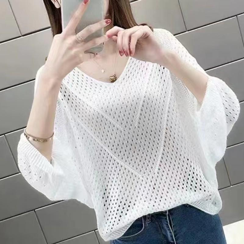Seven-quarter-sleeved Short Top Summer Thin V-neck Bat-sleeved T-shirt Women's Blouse Loose Large Size Hollow Knitted Sweater Women's