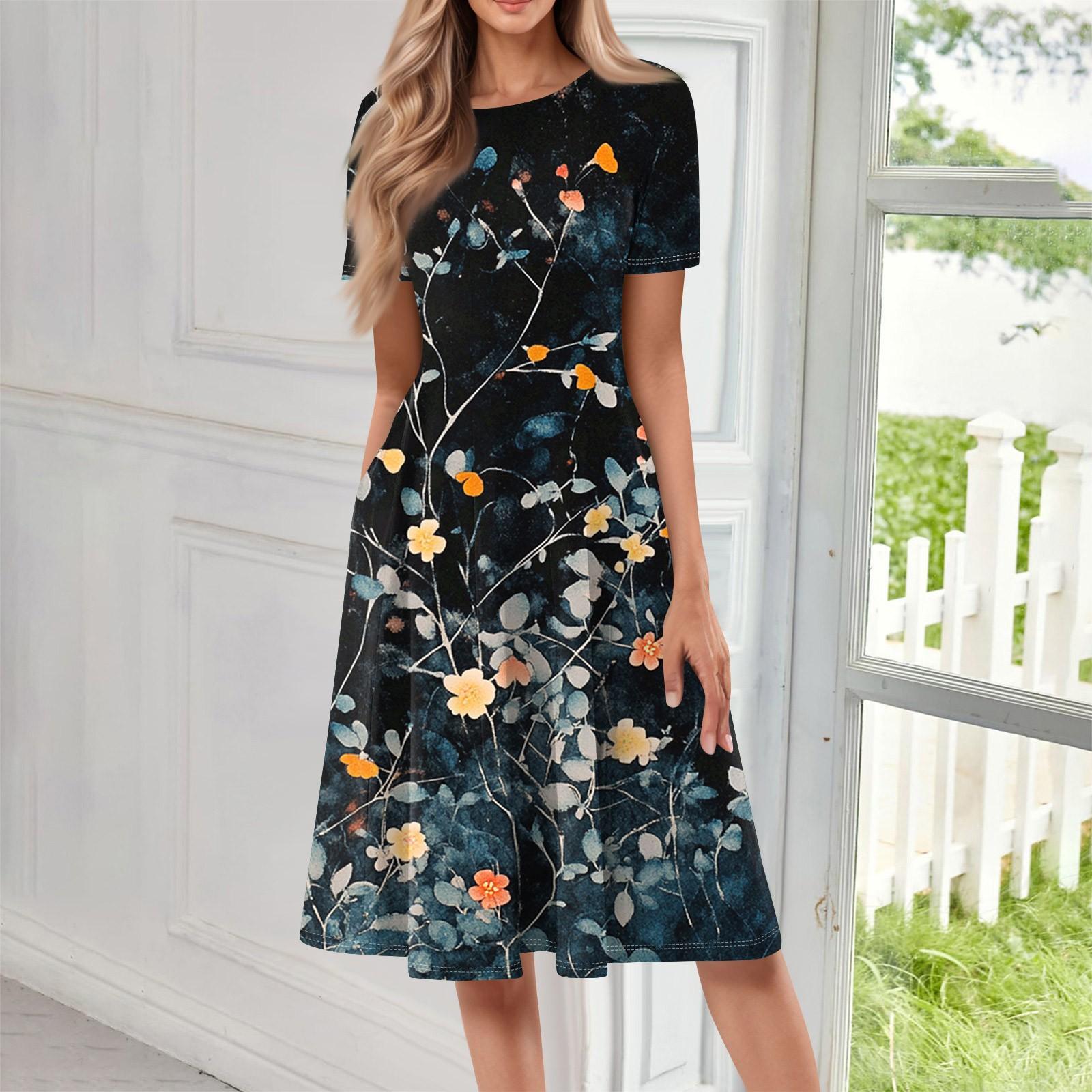 

Женское свободное повседневное и модное платье с круглым вырезом и короткими рукавами, средней длины с принтом XXXL чёрный