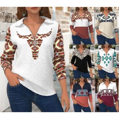 Outono inverno zip polo camisa feminina solta manga comprida impressa camisetas
