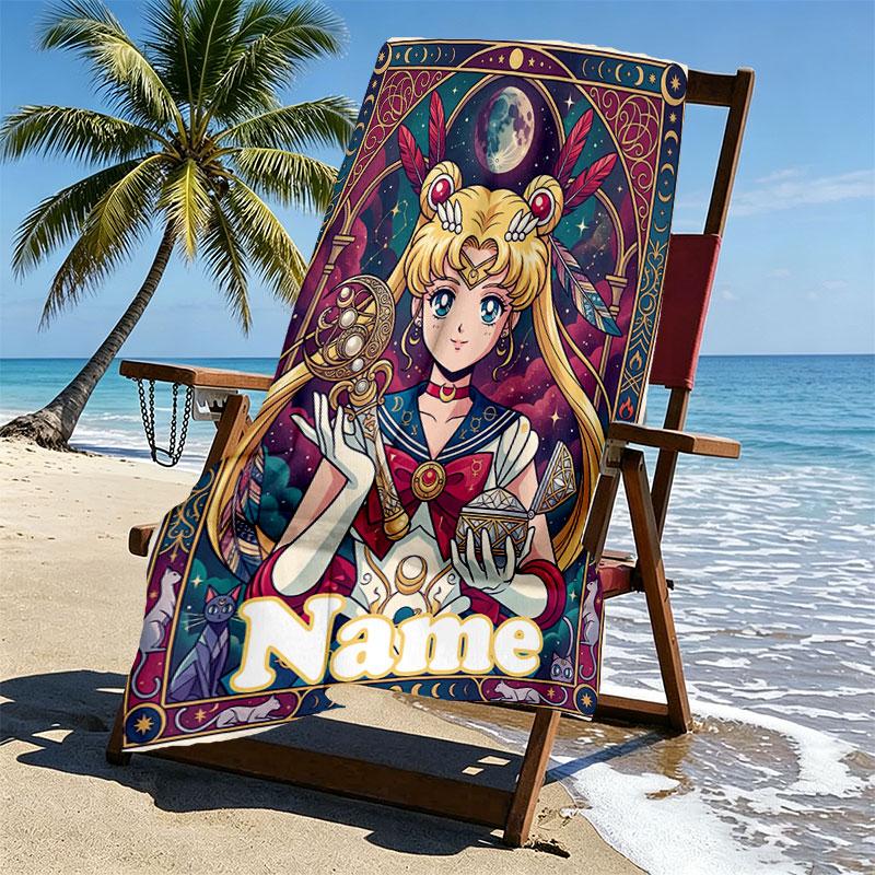 Custom Name Personalized Sailor Moon Print Beach Towel, for Trip Camping Beach Party Home Decor, Birthday Gift for Family & Friends