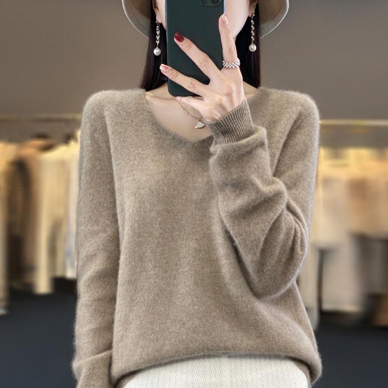 Modny Wełniany Sweter Kaszmirowy Pulower Damska Dzianina Dekolt V Długi Rękaw Jesień Zima Moda Podstawowa Odzież Topy