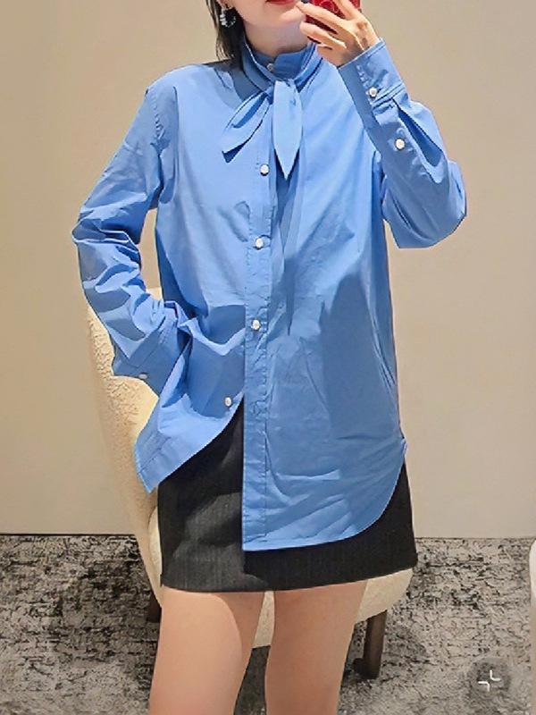 2026 Spring Women's Loose Long-Sleeve Shirt with Detachable Tie Collar