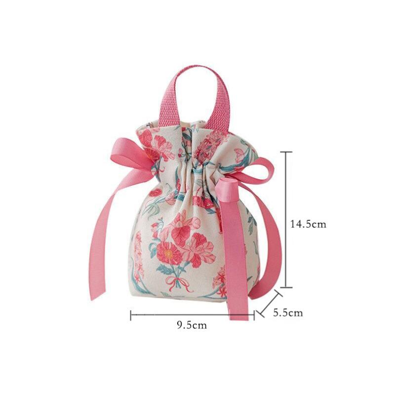 Small Floral Canvas Drawstring Bag Small Bowknot Jewelry Pouch With Pearl Chain Wedding Candy Packaging Bag