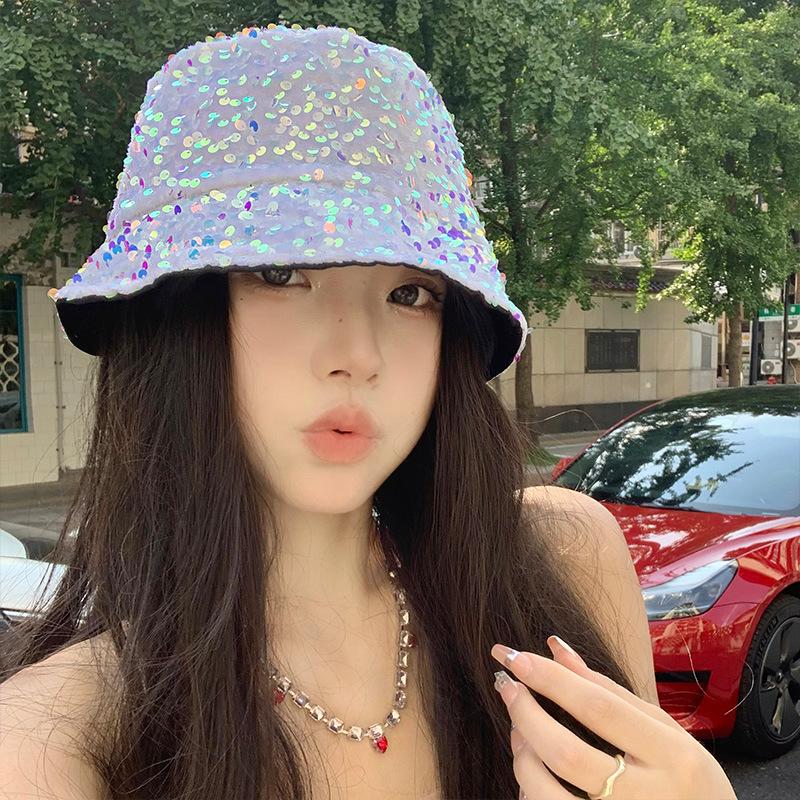 Korean-style internet celebrity versatile mermaid sequin bucket hat for women, simple and face-slimming bucket hat