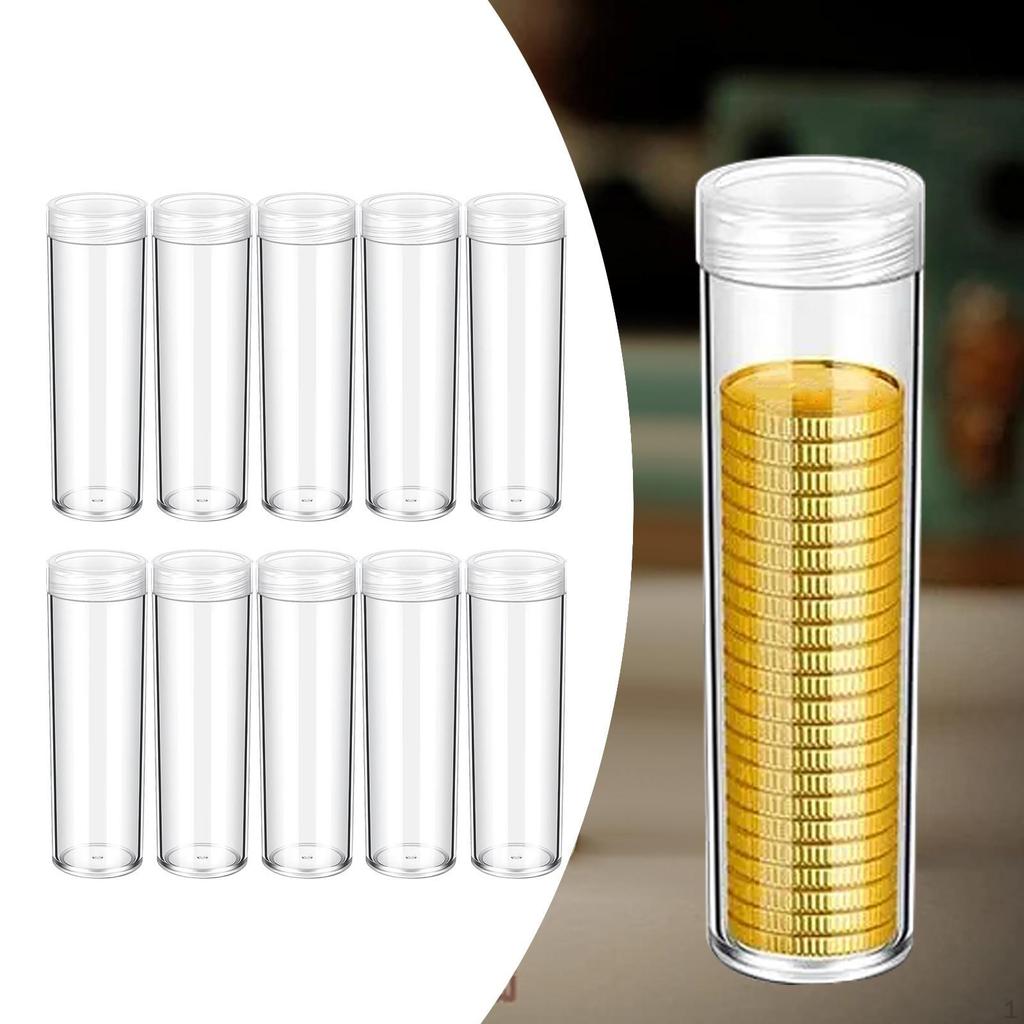 10 Pieces Coin Storage Tubes Screw Cap Sturdy Box, Round, Organizer for Collection
