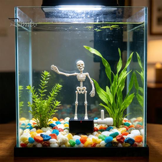 Atmospheric Underwater Props Halloween Aquarium Dancing Skeleton, Bubble Driven Moving Joints Skeleton Freshwater Landscaping Ornament, Realistic