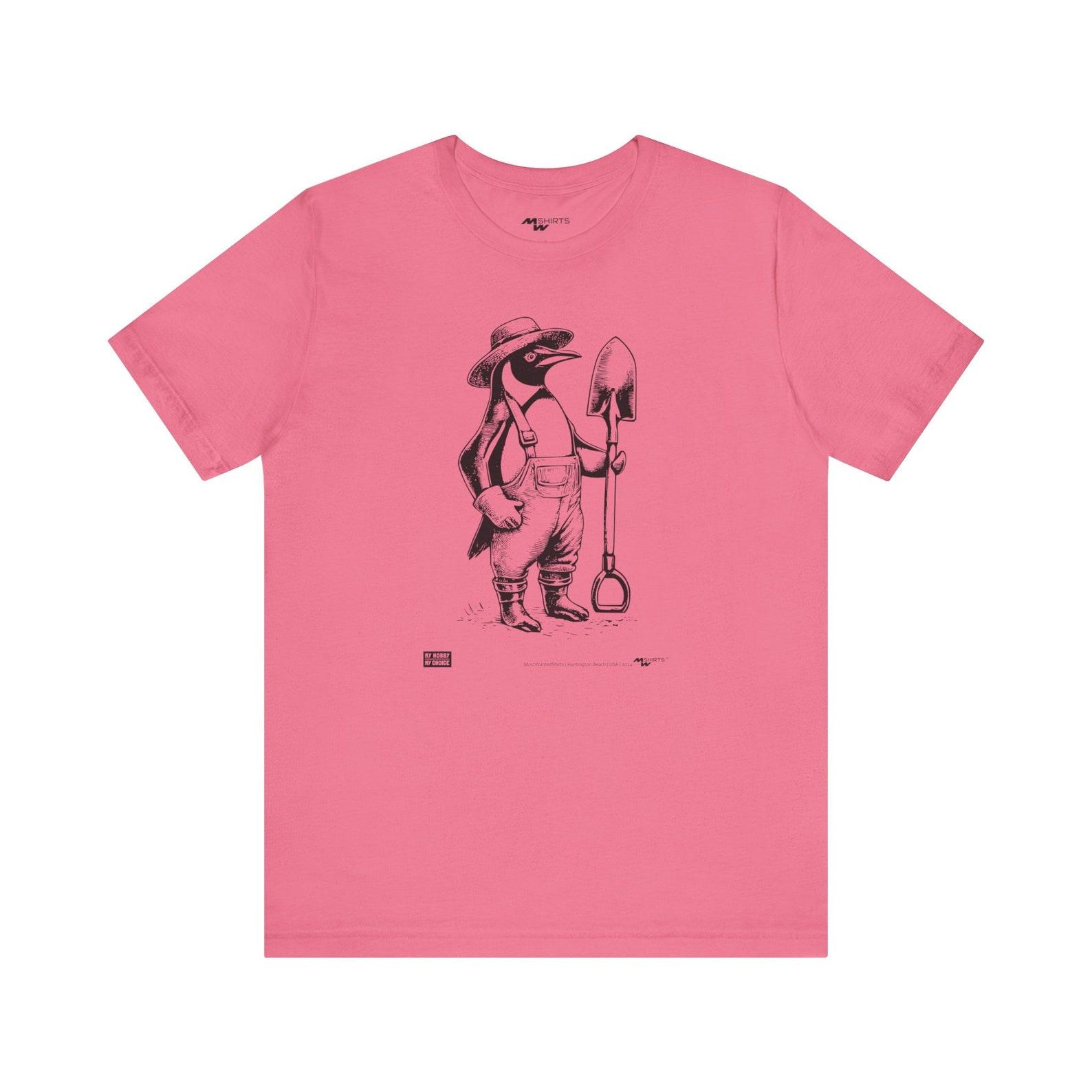 Gardening Penguin T-Shirt: Copper Engraving Vintage Style, Unisex Tee 2XL