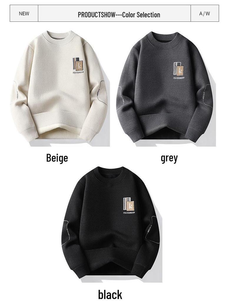 Men's Plus Velvet Warm Round Neck Hoodie Sweater - Autumn/Winter Long Sleeve Base Layer