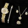 6Pcs/set Luxury Crystal Quartz Watch Exquisite Necklace Bracelet Earrings Set  Ladies