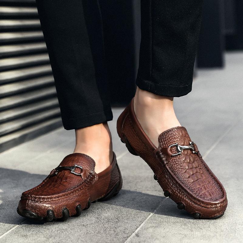 Fashion Genuine Leather Men Casual Shoes Crocodile Pattern Mens All-match Loafers Mens Slip on Office Shoes Antiskid Men Dress Footwear