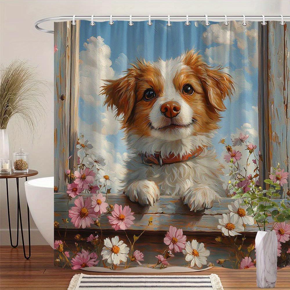 Large Waterproof Dog Floral Bathroom Shower Curtain Cute Puppy Cottagecore Style Farmhouse Pet Decorative Liner