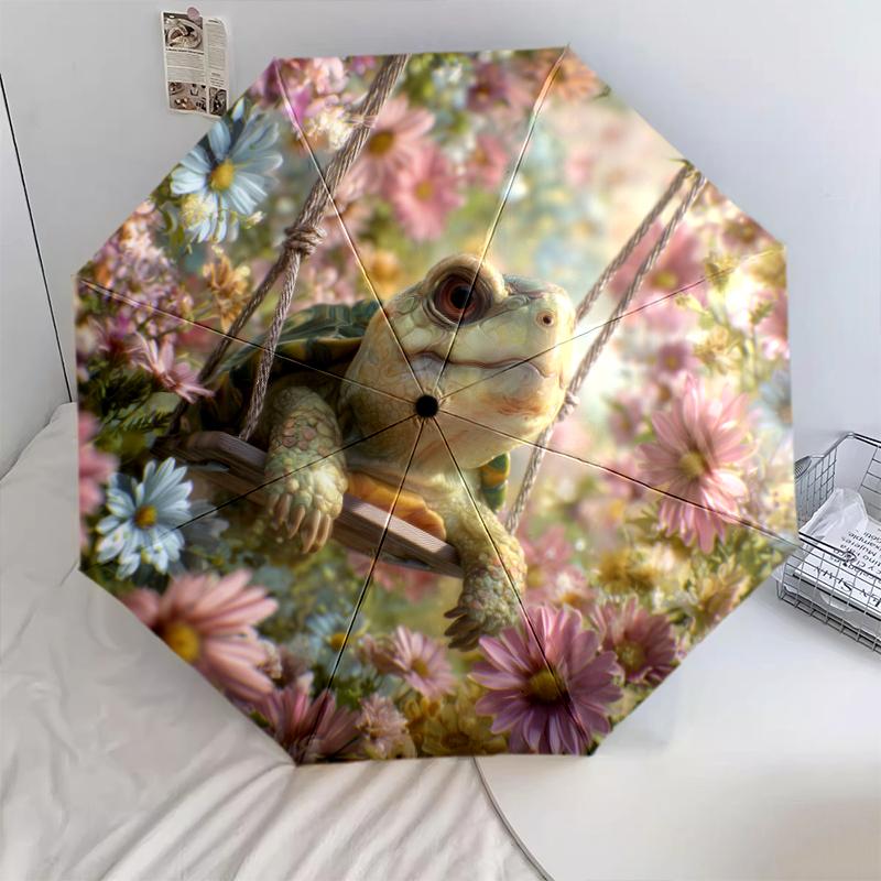 Turtle and Flower Pattern, Automatic Folding Umbrella, Portable and Foldable Design, 8 Ribs, a Christmas or Birthday Gift.