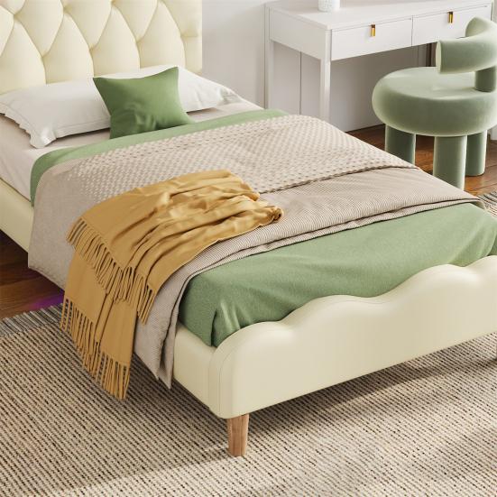 Upholstered Bed Running Light Effect Higher Bed Feet Without Mattress Wavy Headboard Changing LED Strip Sleep Faux Leather Dorm Apartment Single Bed