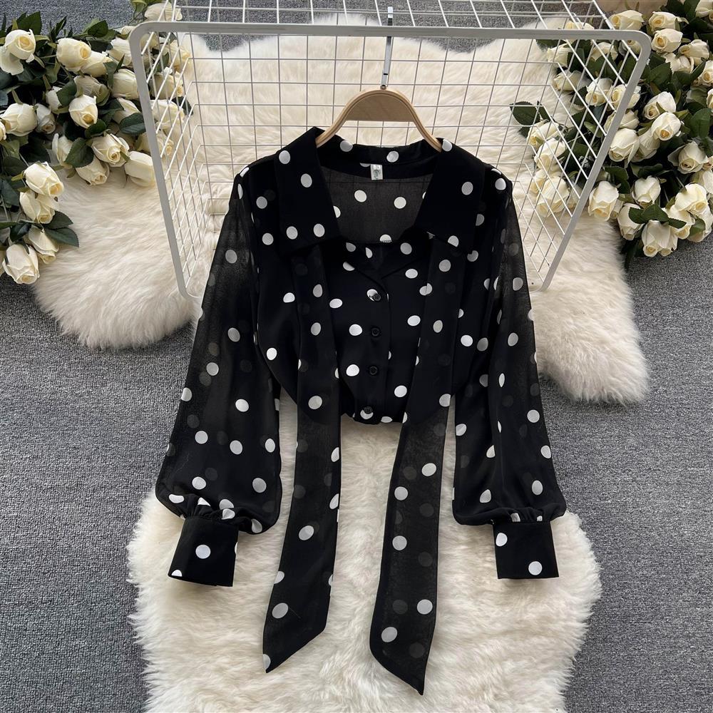 Chiffon Shirt Women's Summer Outfit Sweet Polka Dot Bubble Sleeves Versatile Base Shirt Top Women