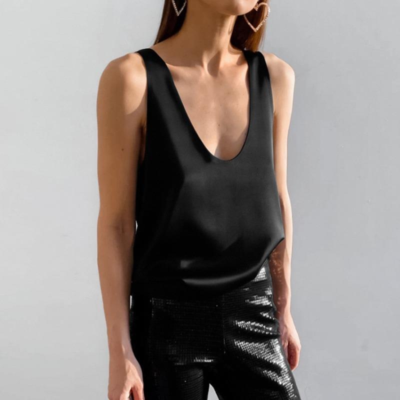 Womens Satin Deep V Neck Loose Camisole Summer Casual Top