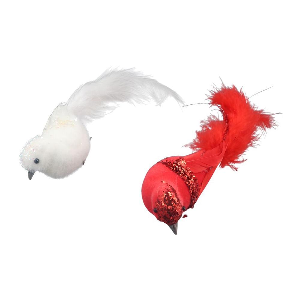 2Pcs Clip-On Artificial Red Birds with Glitter Feather Simulation Feather Birds  Home