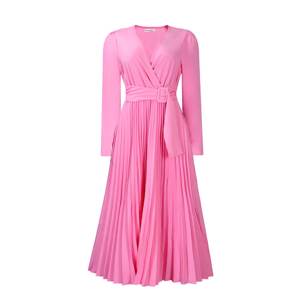 D419 Women's V-Neck Long-Sleeve Tie-Up Solid Color Slim Pleated Plus-Size Dress