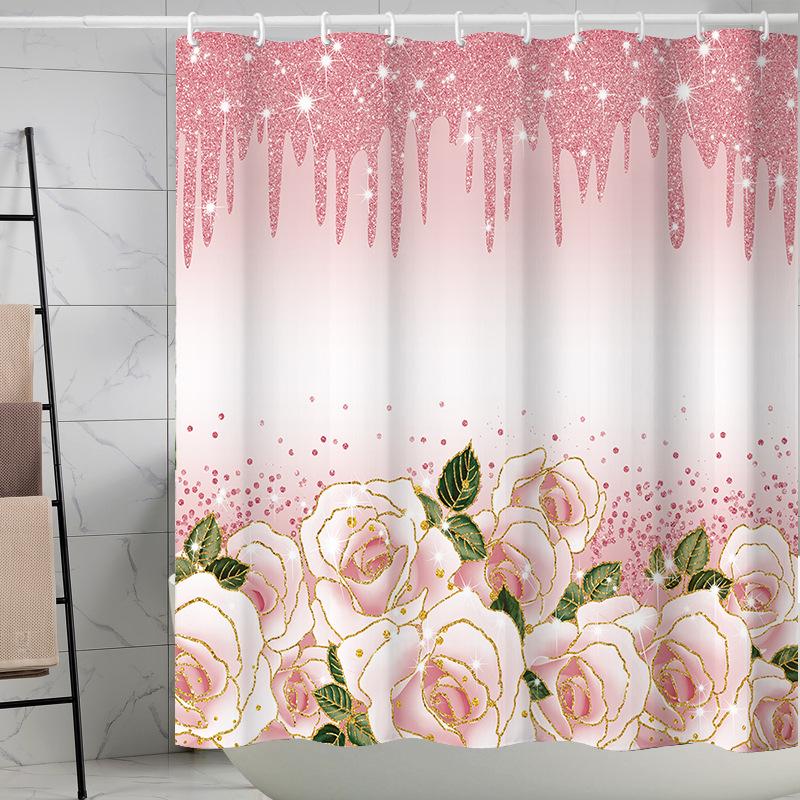 1Pcs  Luxury Glitter Sparkle Shower Curtain Gradient Geometric Striped Waterproof Polyester Fabric Bath Curtain with 12 Hooks Bathroom Decor