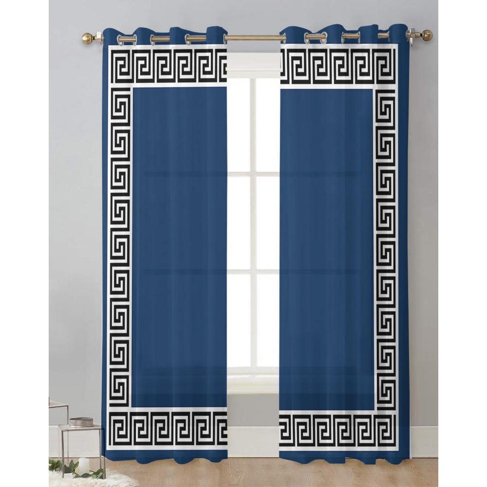 Navy Blue Simple Chinese Style Geometric Sheer Curtains for Living Room Decoration Window Curtains Kitchen Tulle Voile Curtains