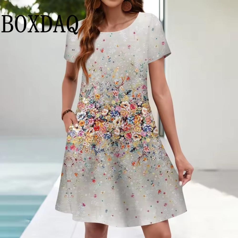 Women's Casual Floral Print Summer Bohemian Beach Dress Loose Short-sleeved Ladies Dress