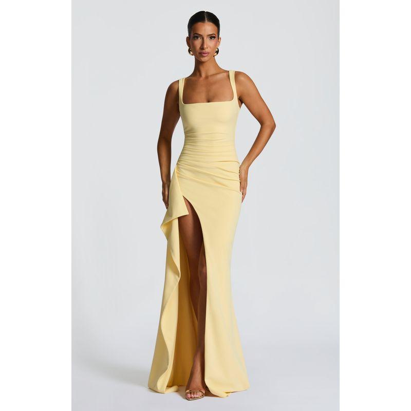 

Shemoda Fashion Style Sexy off-Neck Open Back Sling Dress Women s Pleated High Waist Slim Fit Slit Long Dress Yellow S