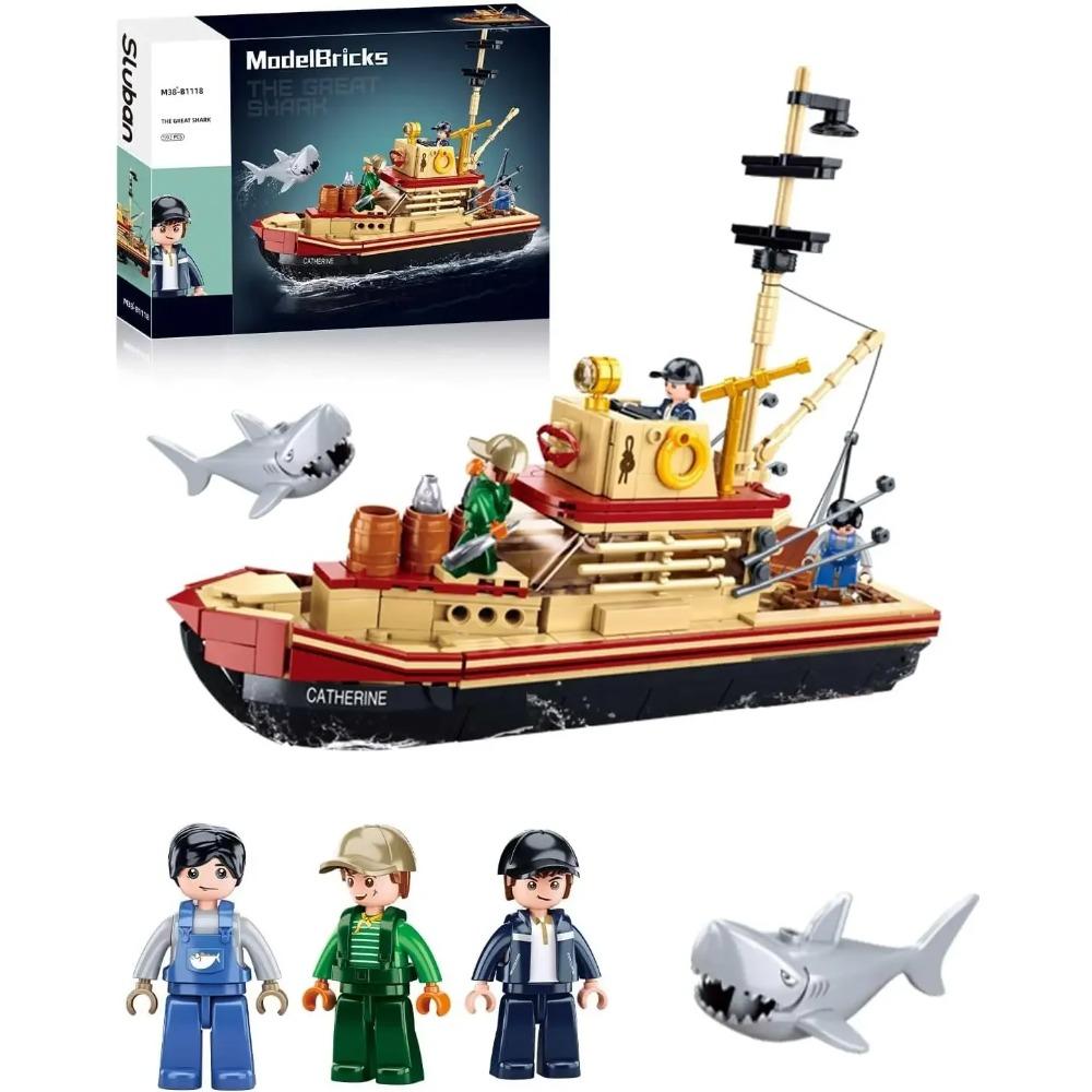 592PCS Haiangeln Schiff Bausteine Weißer Hai Modell mit Minifiguren Kreatives DIY Spielzeug Geburtstagsgeschenk für Kinder Erwachsene