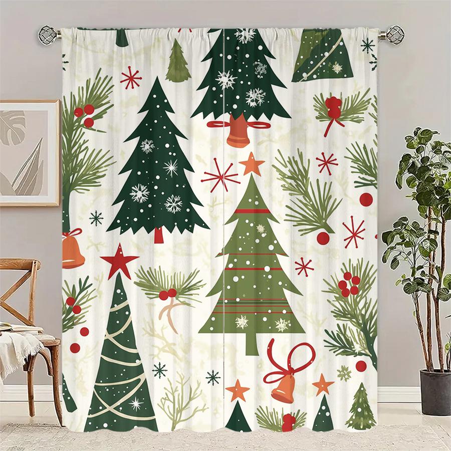 Cartoon Christmas Tree Printed Curtains Pole Bag Decorations Daily Home Room Curtain Polyester