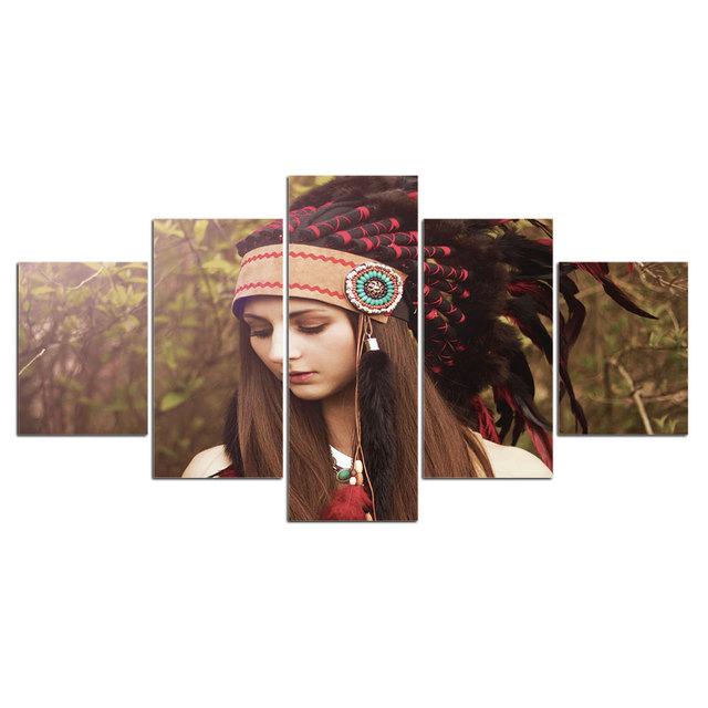 Unframed 5 Panel Native Indian Colored Feathers Girl Canvas HD Printed Posters Wall Art Pictures HD Paintings Room Home Decor