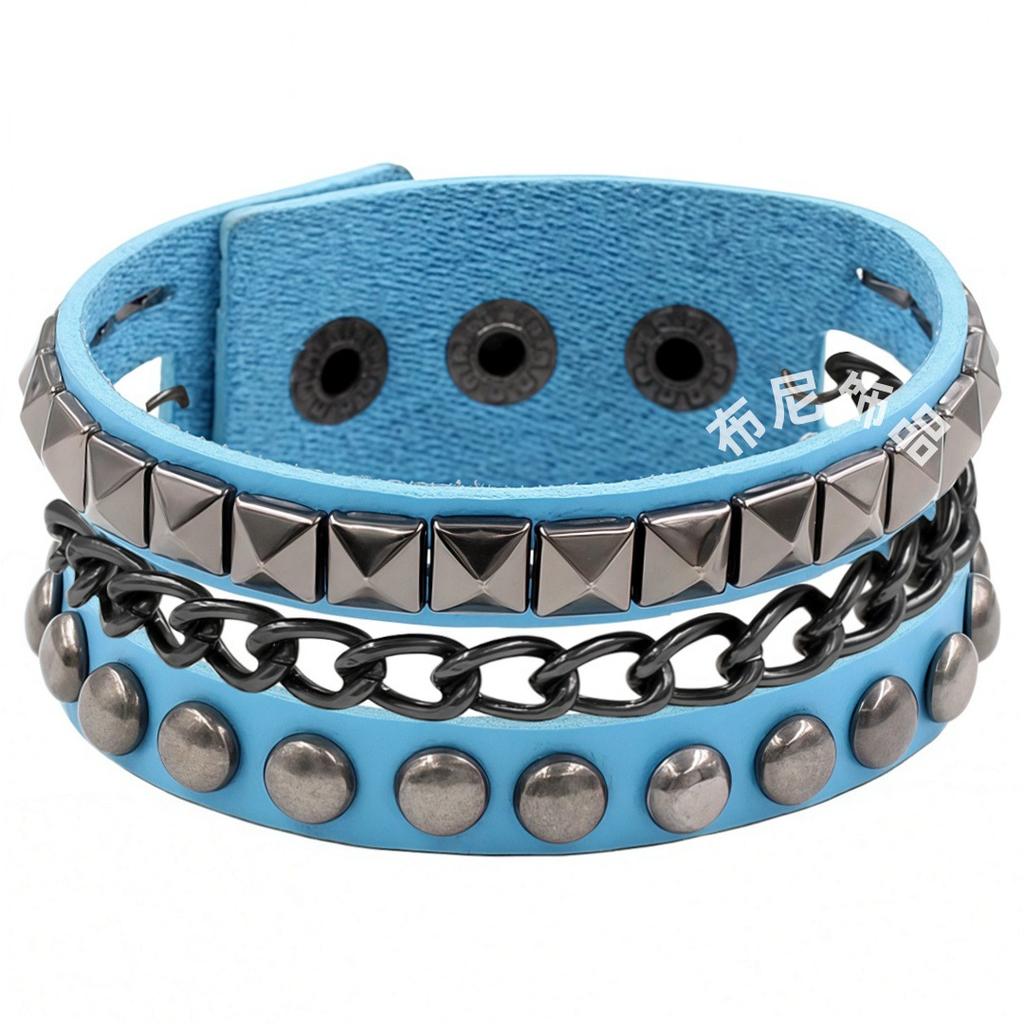 PU Leather European and American Punk Bracelet Dark Black Square Rivet Bracelet Non-mainstream Iron Chain Multi-layer Bracelet