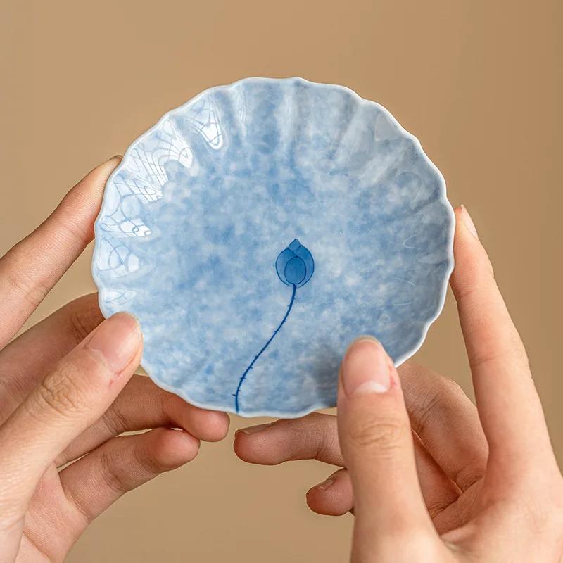 

Hand-painted Blue Lotus Tea Coasters, High-end Single Gongfu Tea Set Accessories, Ceramic Personal Household Tea Saucer Base