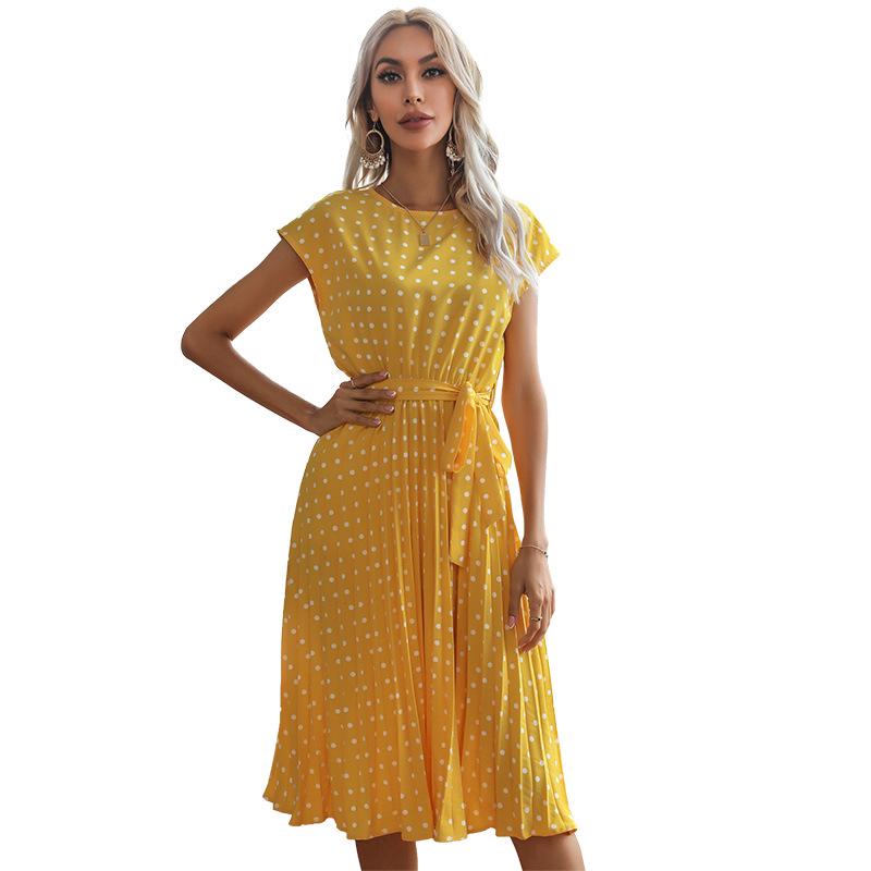 Women's Summer Polka Dot Round Neck Midi Dress with Retro Pleated Skirt