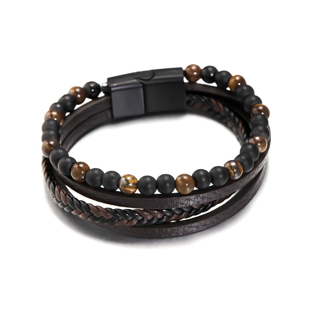 Geometric Style Mens Weaving Leather Wristband With Bead Design For Fashion And Travel