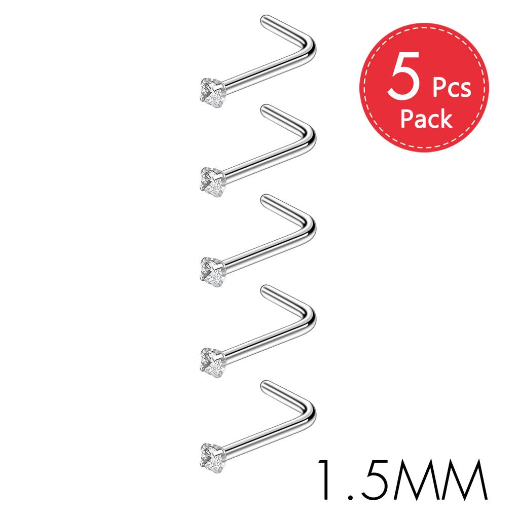 5Pcs CZ Gem Stainless Steel Nose Piercing Stud Crystal Nariz Body Jewelry S L Bone Shape Nostril Rings for Women Girl 20g 0.8mm