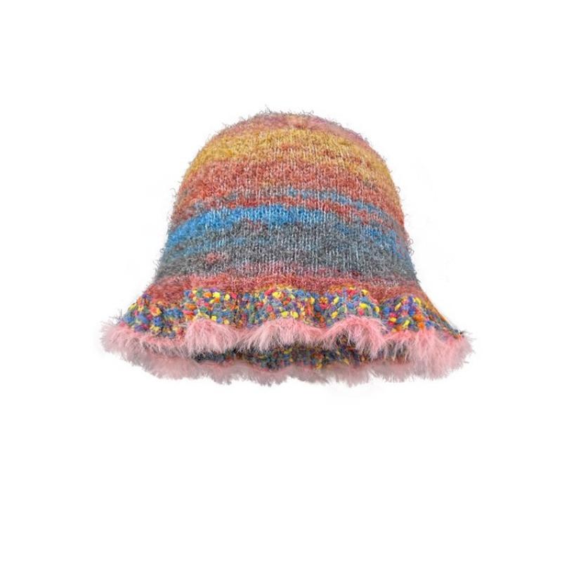 Vintage color striped oil painting wind lotus leaf edge fisherman's hat children autumn and winter warm knitted basin hat tide