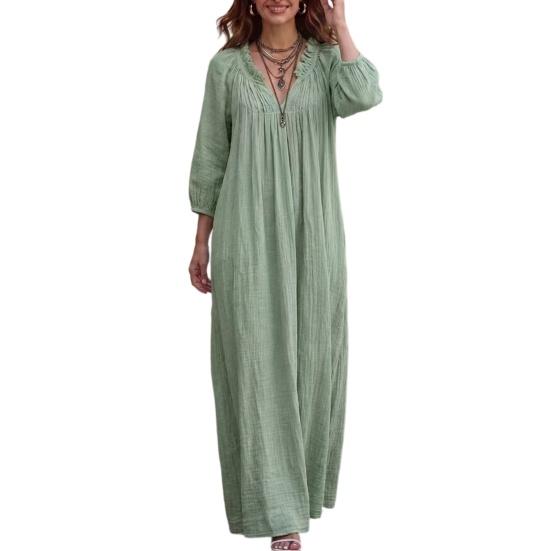 Bohemian Inspired Dress Ruffle V-Neck Long Dress, 3/4 Sleeves Maxi for Comfortable Women Dresses Women, Solid Color Casual Loose Spring Fall