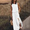 Vestido Largo Casual de Color Sólido sin Mangas con Cuello Redondo, Abertura Lateral, Ropa Nueva Europea y Americana para Mujer de Primavera y Verano