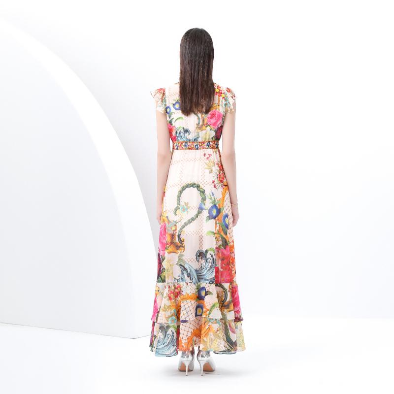 Summer Women Deep V-neck Flying Sleeve Vintage Print Holiday Beach Long Maxi Dresses