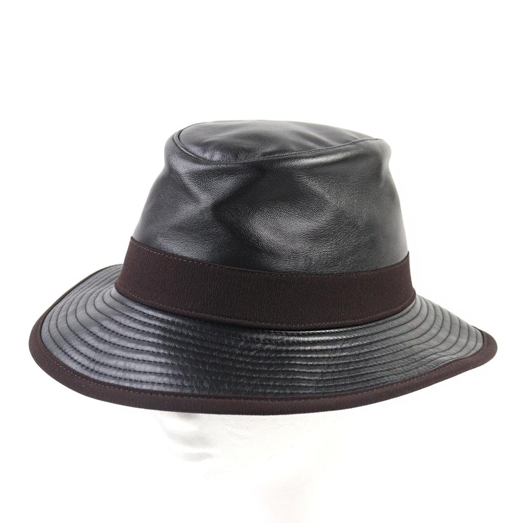 Excellent HERMES hat Hat with ribbon and logo lining black leather men 57 Used