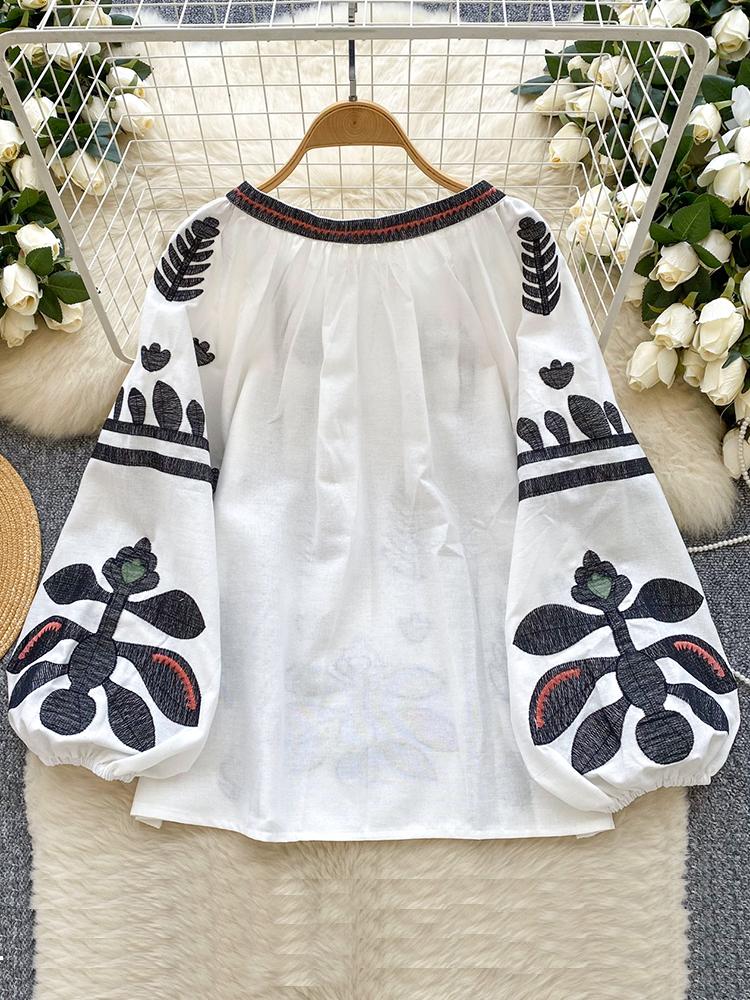 Primavera Otoño Nuevo Vintage Camisa Manga Farol Mujer Bordado Cuello Redondo Tirante Suelto Casual Blusa Top