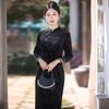 Black Velvet Modern Chinese Style Qipao Dress Women Long Sleeve Slim Fit Winter