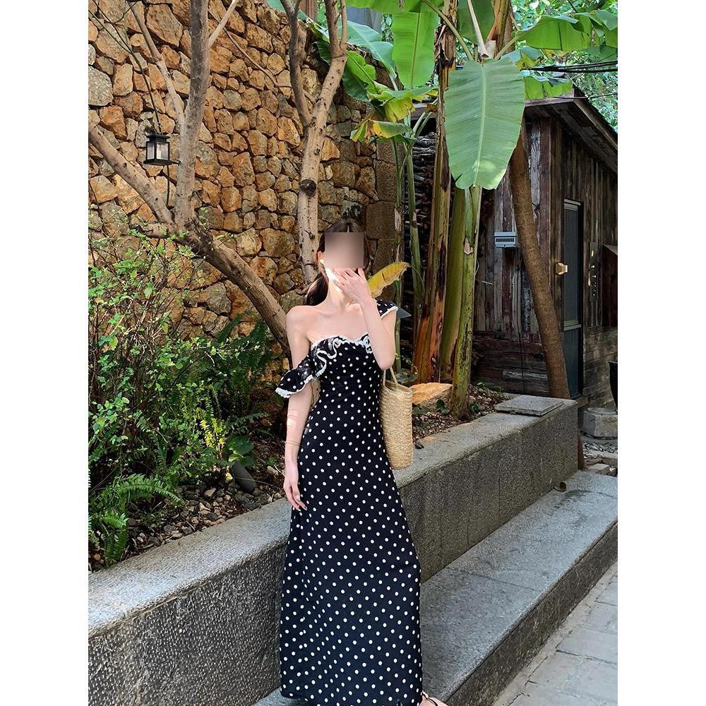 Women's New Temperament Backless Waist Long Dress Square Neck Lace Polka Dot Dress Children's Summer Leisure