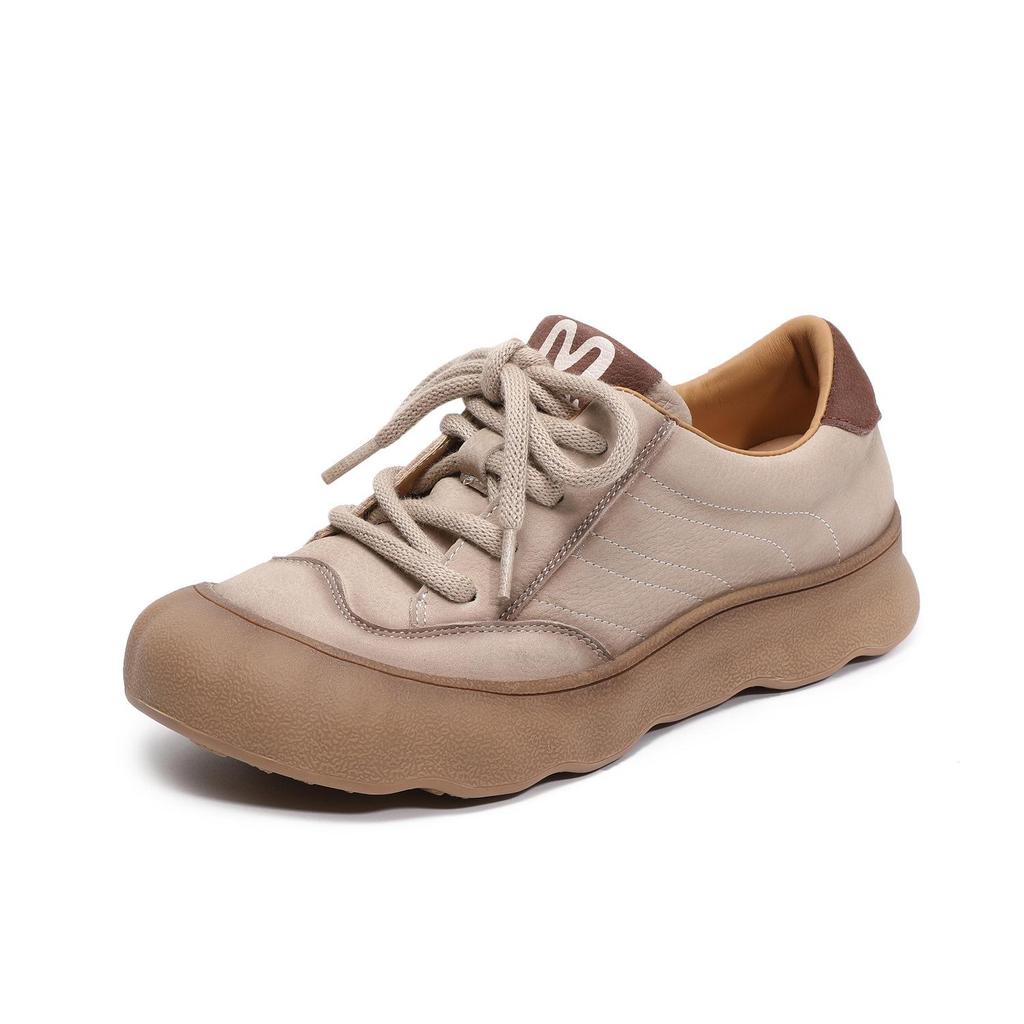 Johnature Retro Genuine Leather Soft Soled Women's Shoes Versatile Lace Up Flat Casual Shoes