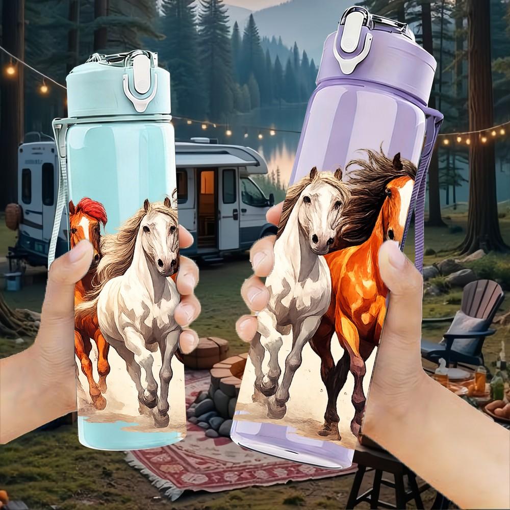 1PC Running Horse Herd Western Animal Print 750ml Color Plastic Sports Water Bottle Leakproof Flip Straw Lid Suitable for Sports Office Home Use