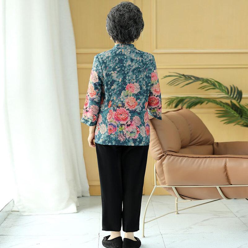 Paster Autumn Floral Tang Suit Set for Middle-Aged Women