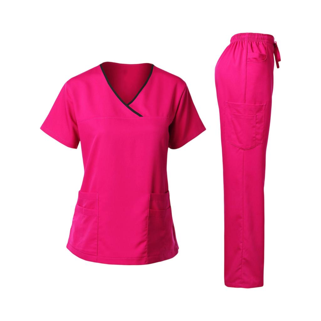 Ladies' Loose And Comfortable V-neck Short Sleeved Workwear With Multiple Pockets Suit Set