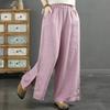 Women Pants Cotton Summer Elastic Waist Loose Casual Embroidery Solid Color Comfortable Soft Pants