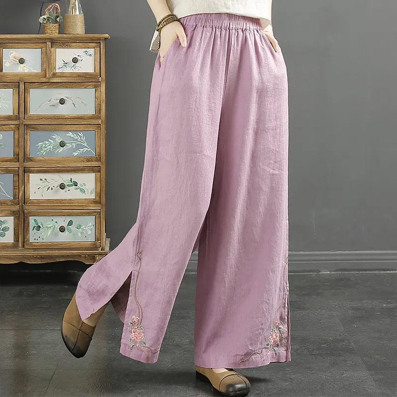 Women Pants Cotton Summer Elastic Waist Loose Casual Embroidery Solid Color Comfortable Soft Pants