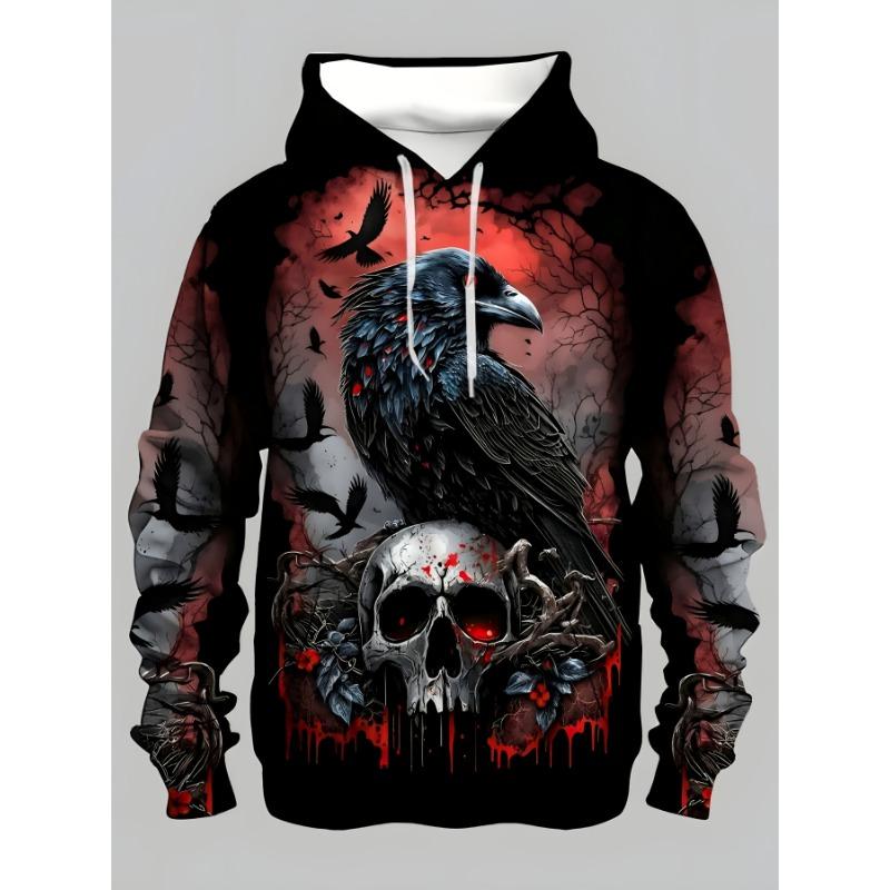 Erkek Gotik Kuzgun Kafatası Kan 3D Baskılı Kapüşonlu Sweatshirt Karanlık Korku Grafik Uzun Kollu Sokak Kapüşonlu Sweatshirt